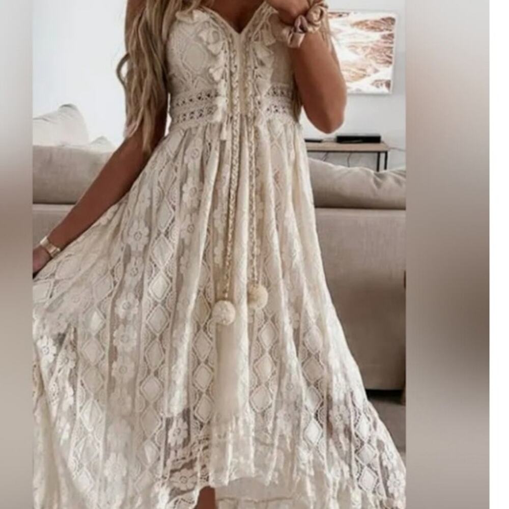 Amellia Boho bohemian goddess lace dress tassels pom poms medium sheer